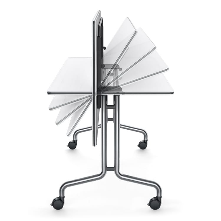 Side view of a NESTYis3 folding seminar table with a chrome frame and white top.