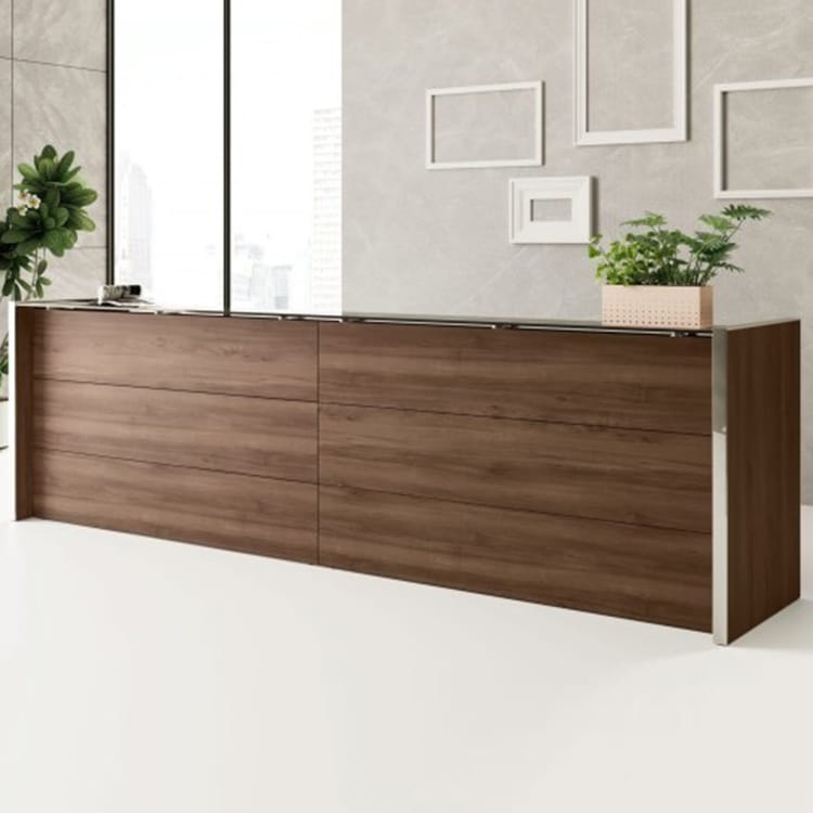 Modern NICE Reception desk in wood finish with sleek metal accents. Stylish welcome area furniture.