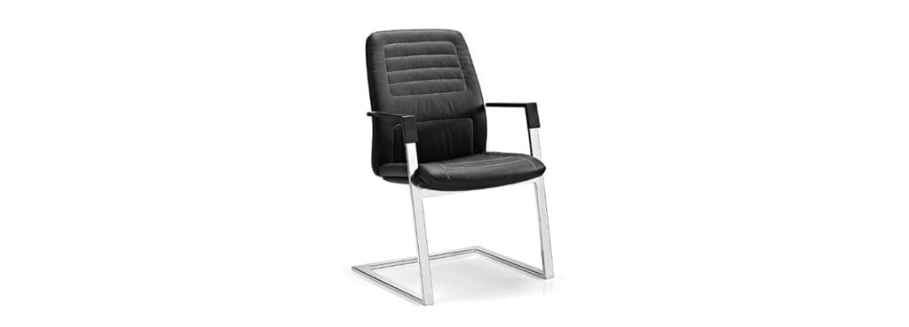 Neo Chair - Visitor Version: Black leather office chair with chrome frame, side view.