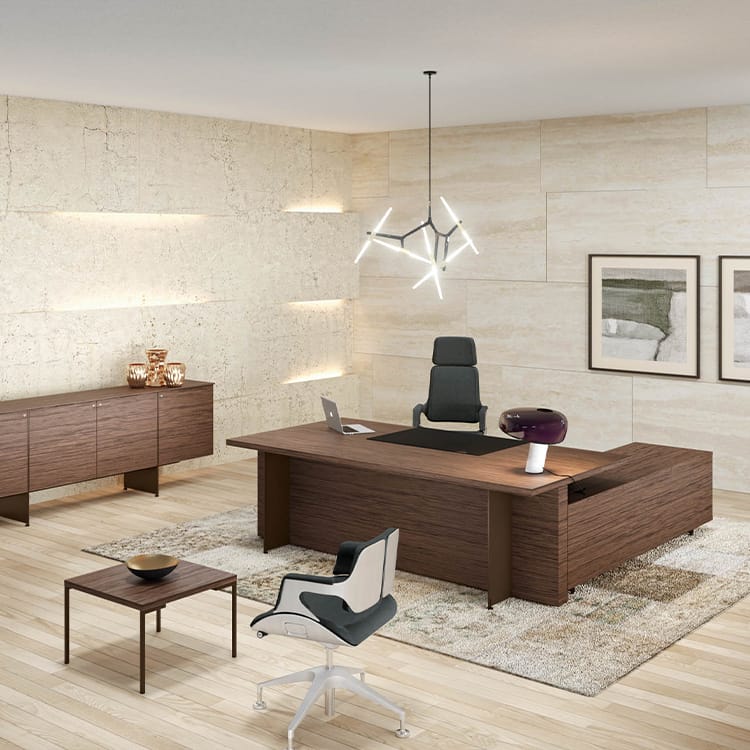 Executive office with wood Oasi desk, modern chair, and sleek lighting.