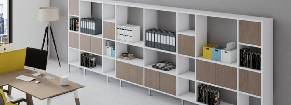 Modern Open Cabinets Storage Units in white and wood finish, providing versatile workspace organization with adjustable shelves.