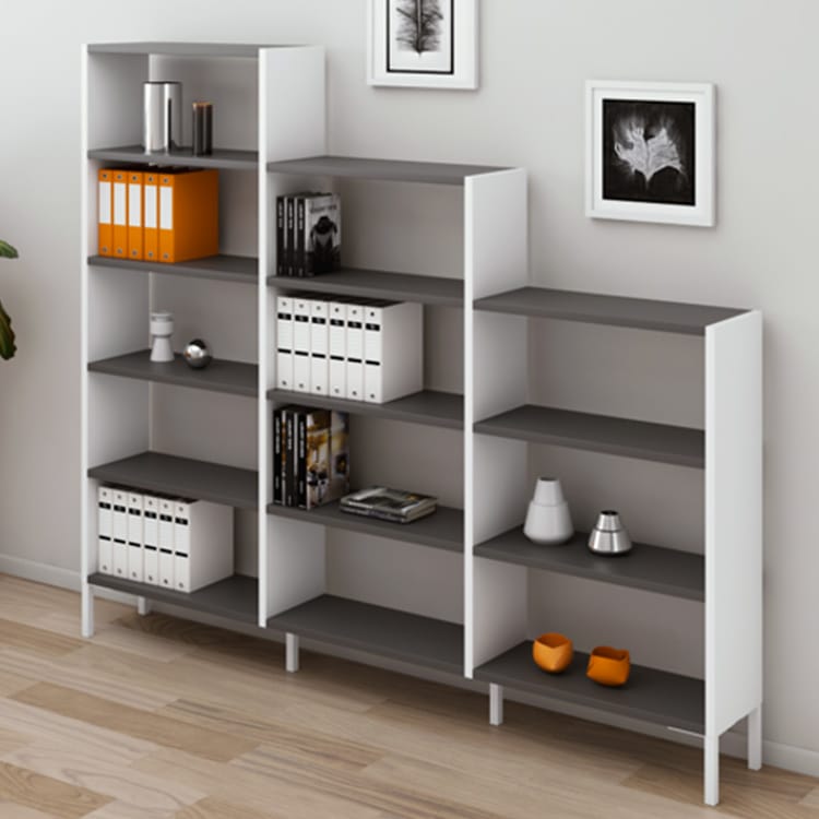 Modern white and gray Open Cabinets Storage Units with adjustable shelves for versatile workspace organization.