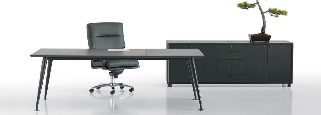 Orazio Executive Desk in grey, with matching chair and cabinet, for a modern office.