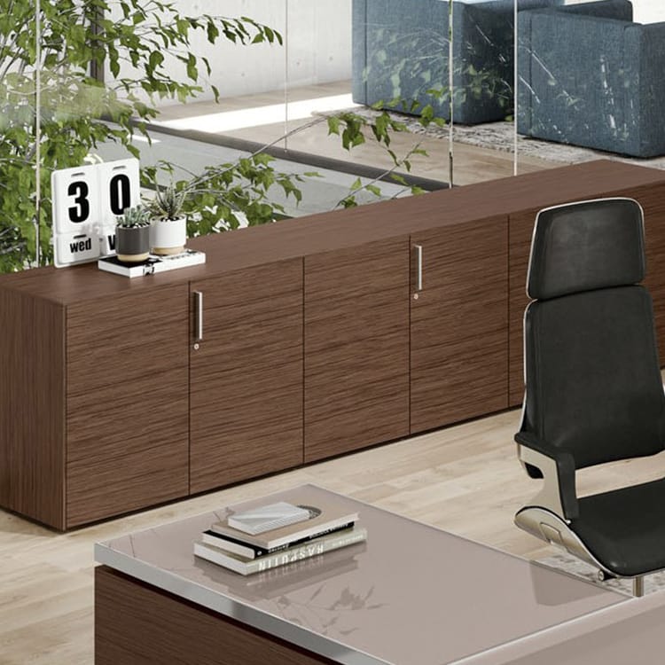 Modern office setup featuring wooden Ottanta Storage Units with sleek metal handles.