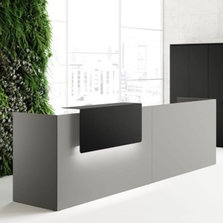 Minimalist gray POINT Reception desk with black accent panel and subtle under-lighting.