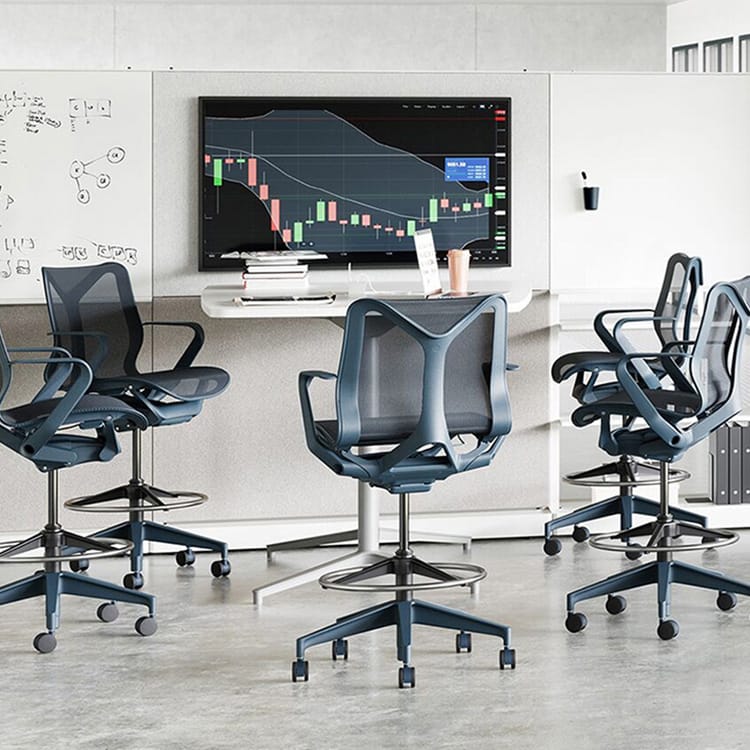 Modern blue Cosm Stool. Ergonomic mesh design with armrests and adjustable height. Ideal for office or home.