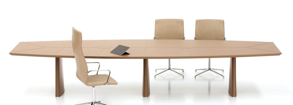 Sophisticated Pyramid Conference Table in light brown with criss-cross design. Perfect for collaboration spaces and conference rooms.