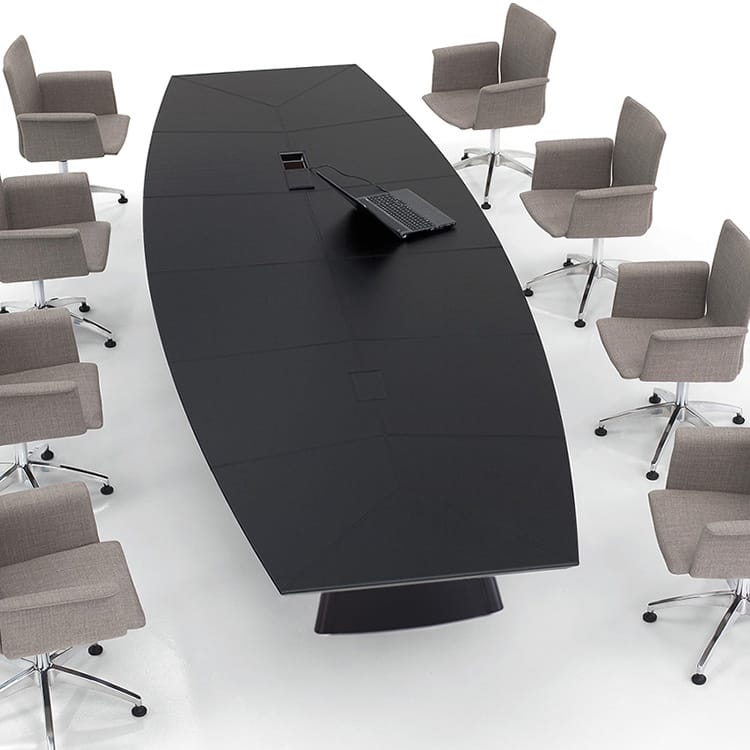 Black Pyramid Conference Table with gray chairs, laptop, and criss-cross design for collaboration spaces.