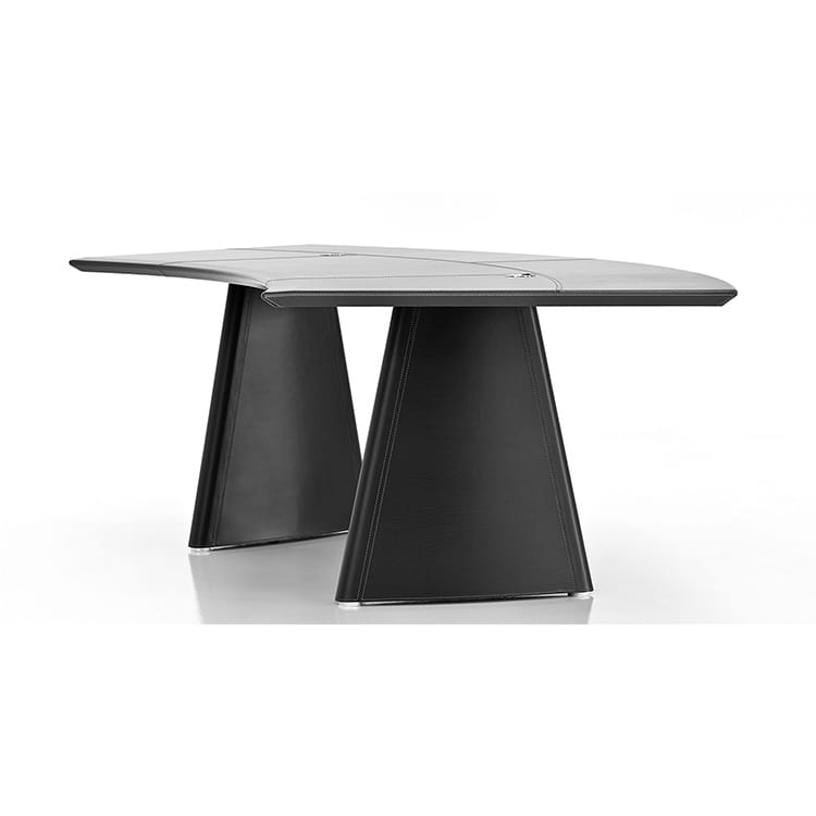 Modern Pyramid desk with a light gray leather top and black pyramid-shaped legs.
