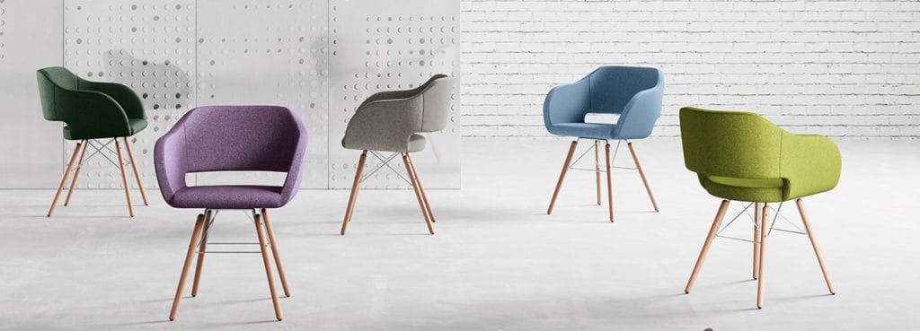 Upholstered Regia Visitor Chair in green, purple, gray, blue, and chartreuse with wooden legs, perfect for private offices and waiting rooms.