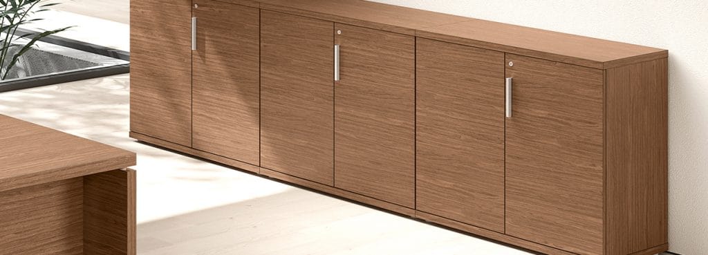 Wood-grain Remo Storage System with silver handles for modern office archive filing.