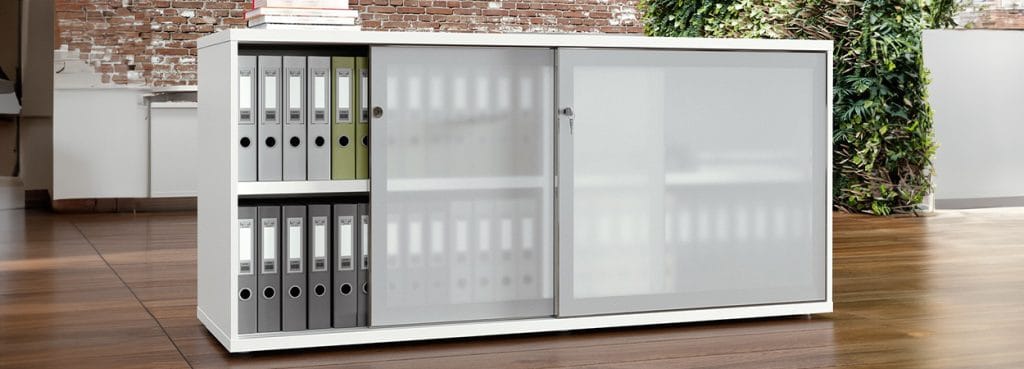 White Romolo Storage System with sliding doors and open shelving.