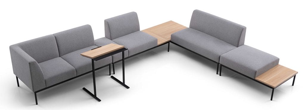 Modern S2036 Lounge Seating in gray fabric with wood accents and black metal frame. Perfect for office welcome areas.