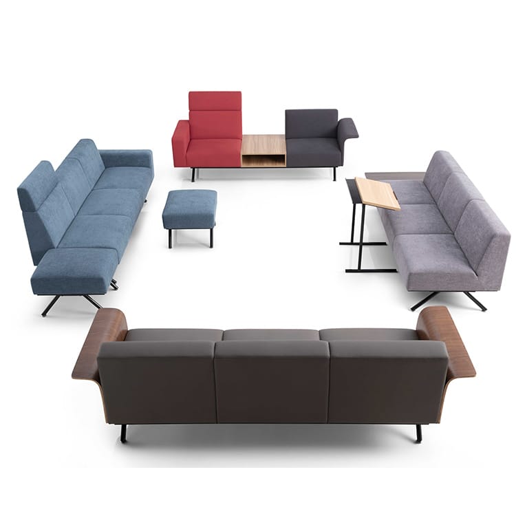 Modern S2042 Lounge Seating. Modular design in blue, gray, red, and brown. Perfect for reception or office welcome areas.