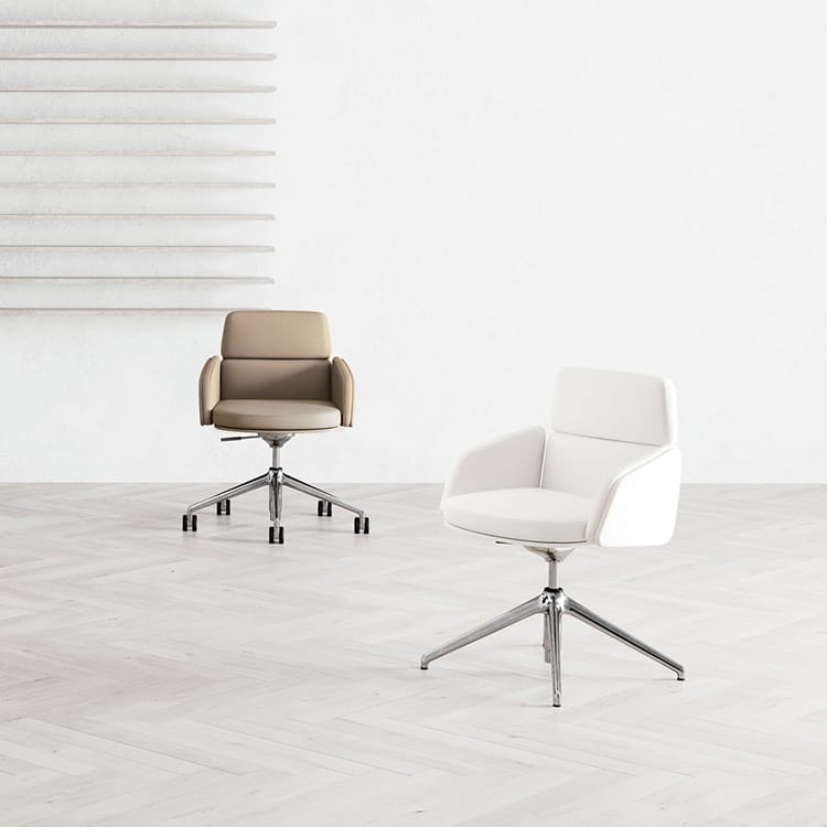 Lead executive office chairs: modern design in white and taupe leather with a chrome base.