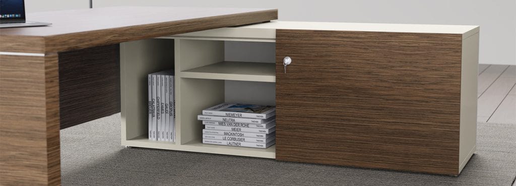Modern Titano Office Cabinet with wood-grain sliding door, open shelves, and key lock. Executive storage solution.