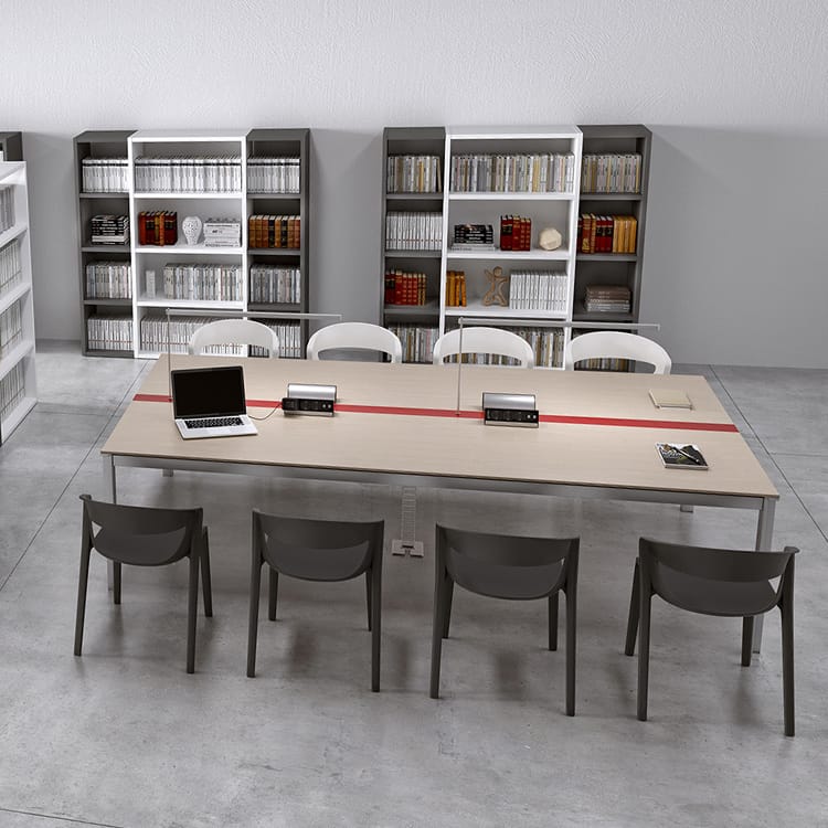 Contemporary Zefiro Conference Table with gray chairs, laptop, and red accent stripe.