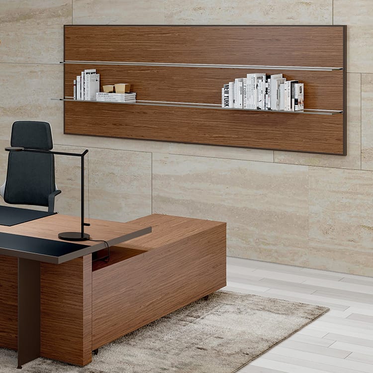 Modern office with wood Zefiro Glass Shelf System, glass shelves, and desk with black chair.