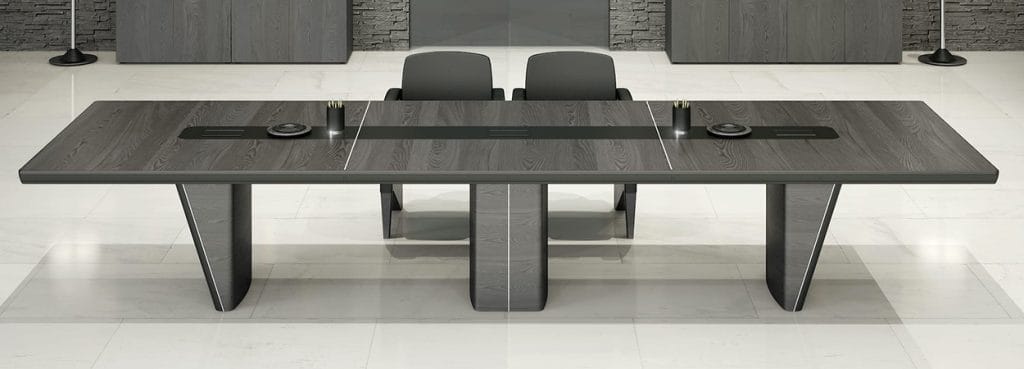 Contemporary iSixty Conference Table in gray wood with power outlets and modern design legs for collaboration spaces.