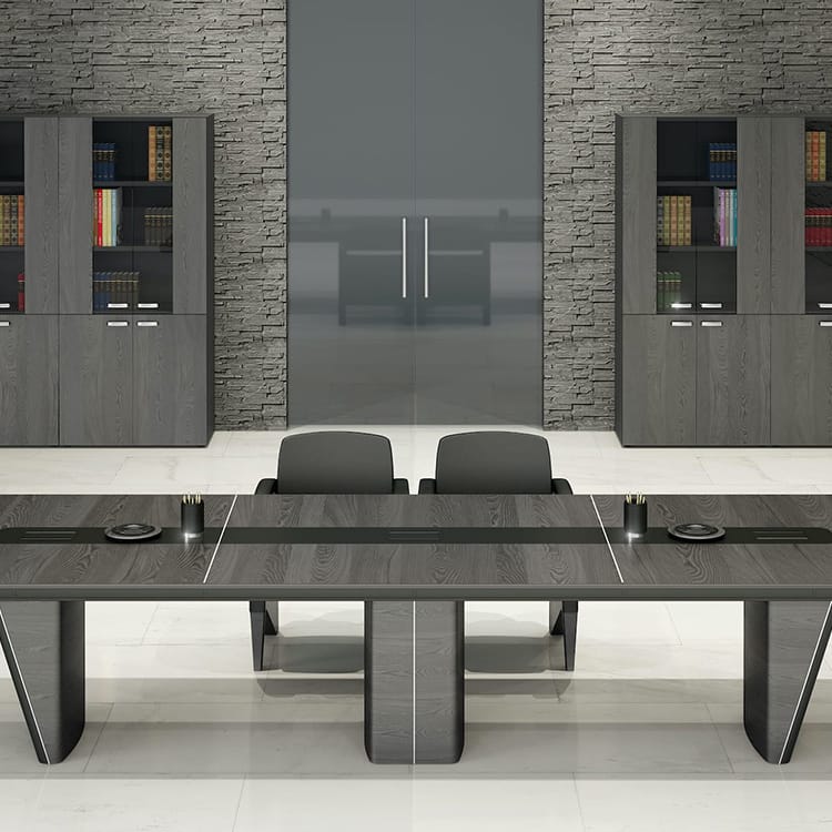 Contemporary iSixty Conference Table in gray wood with sleek lines, perfect for collaboration spaces and modern offices.