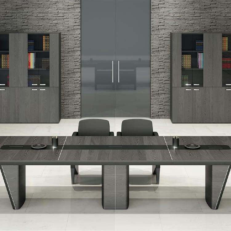 Contemporary iSixty executive desk in gray wood veneer with storage cabinets.