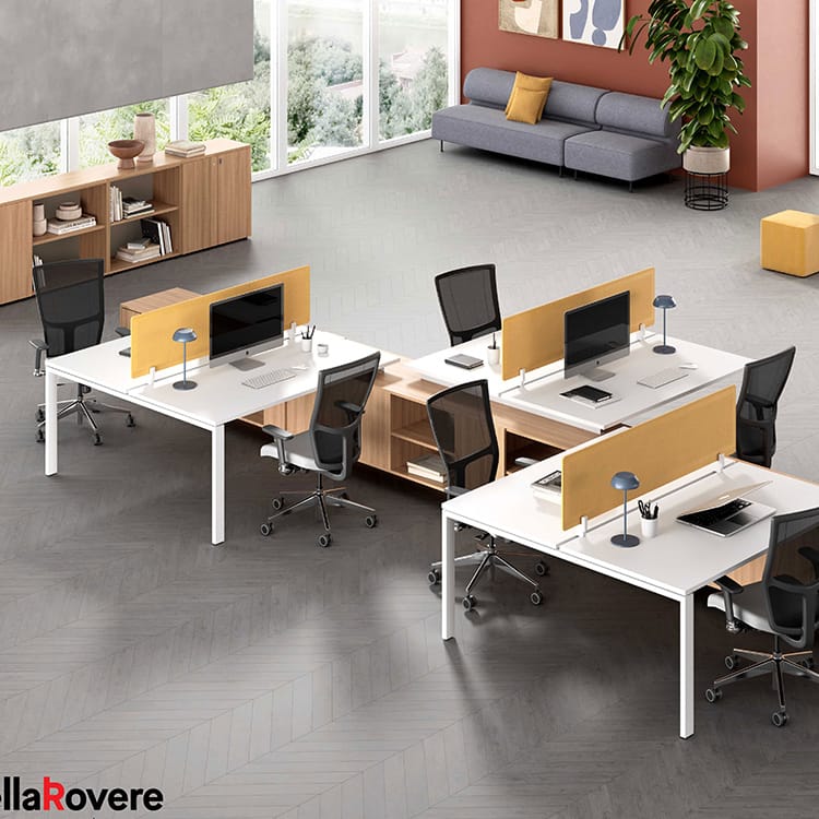 Modern Legodesk office setup with white desks, yellow partitions, and ergonomic chairs. Open space design.