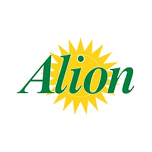 Λογότυπο Alion. Οι πελάτες μας. Πράσινα γράμματα σε κίτρινο φόντο με ακτίνες ήλιου.