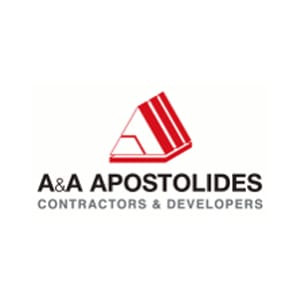 Λογότυπο της A&A Apostolides. Κατασκευαστική και αναπτυξιακή εταιρεία, με κόκκινο και λευκό γεωμετρικό εικονίδιο.
