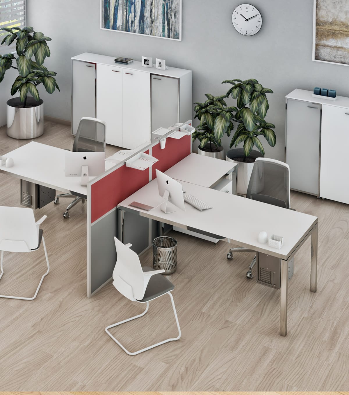 Studio Office I-Work Series: σύγχρονος χώρος γραφείου με αρθρωτά γραφεία, καρέκλες, ντουλάπια αποθήκευσης και φυτά, σε φωτεινό περιβάλλον.