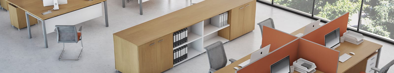 Κεφαλίδα της σειράς I-Work σε PDF. Σύγχρονος χώρος γραφείου με γραφεία, καρέκλες και αποθηκευτικά έπιπλα.