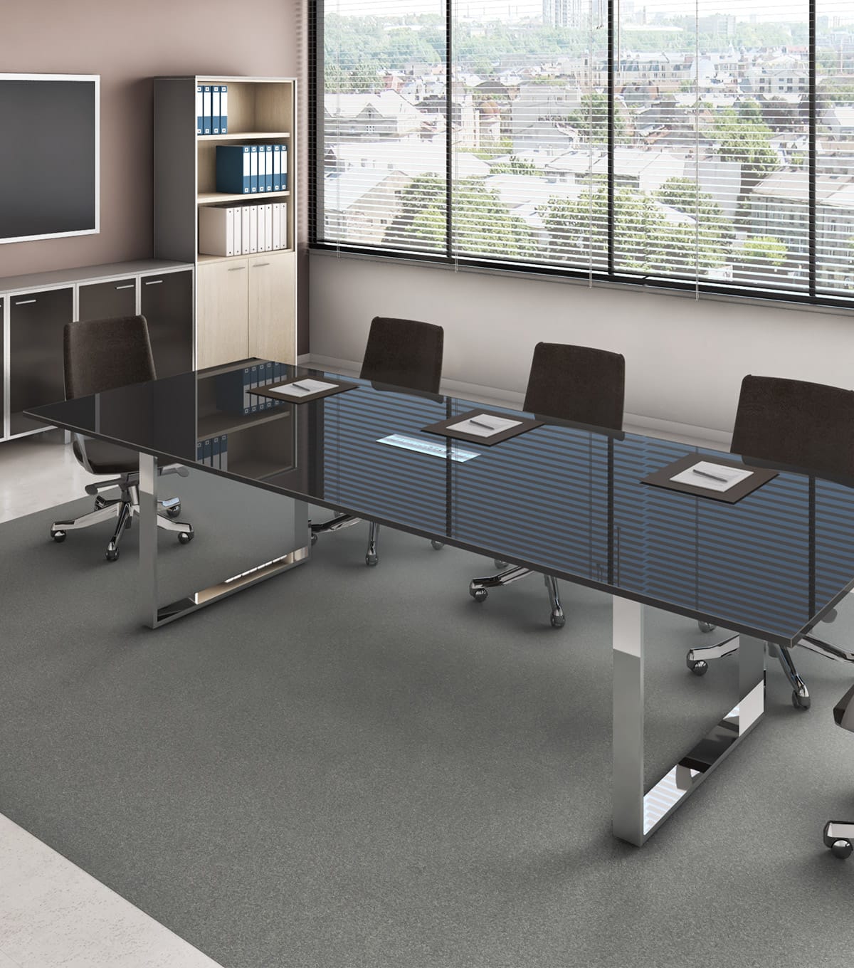Αίθουσα συσκέψεων της σειράς Leader της Studio Office με μαύρο τραπέζι και σύγχρονο σχεδιασμό.