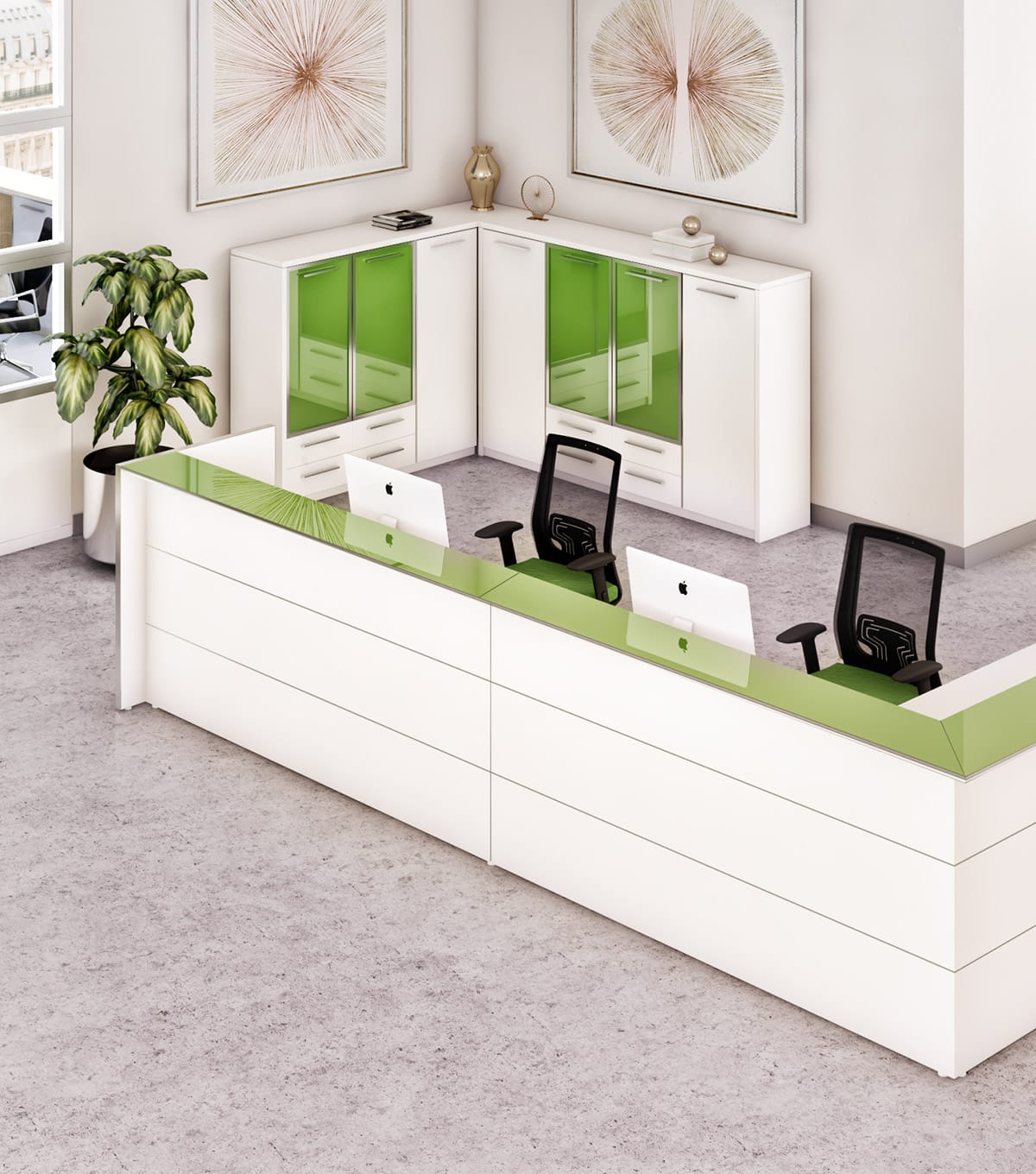 Studio Office Lobby Series: λευκό γραφείο υποδοχής με πράσινες λεπτομέρειες, καρέκλες γραφείου και ντουλάπια αποθήκευσης.