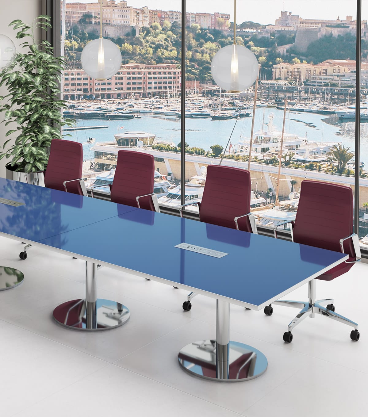 Τραπέζι συνεδριάσεων Studio Office Manager Series με μπλε επιφάνεια και κόκκινες καρέκλες.