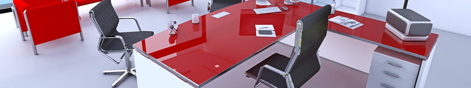 Εικόνα κεφαλίδας της σειράς Manager σε PDF: σύγχρονος χώρος γραφείου με κόκκινο γραφείο και καρέκλες.