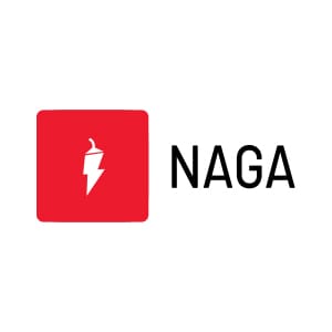 Λογότυπο της NAGA. Πελάτης: NAGA, κόκκινο τετράγωνο με λευκή πιπεριά τσίλι και κεραυνό.