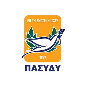 Λογότυπο της ΠΑΣΥΔΥ. Περιστέρι με κλαδί ελιάς σε χρυσό φόντο. Πελάτης της εταιρείας μας.