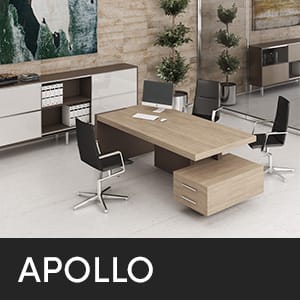 APOLLO – αρχείο λήψης Studio Office. Σύγχρονος χώρος γραφείου με γραφείο, καρέκλες, αποθηκευτικά έπιπλα, υπολογιστή και διακοσμητικά φυτά.