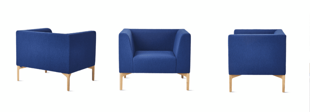 Τρεις όψεις της μπλε NaughtOne Symbol Lounge Chair με ξύλινα πόδια.