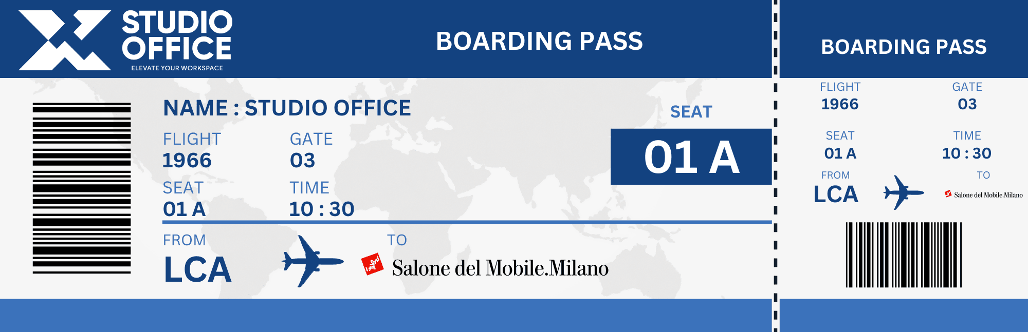 Κάρτα επιβίβασης της Studio Office για το Salone del Mobile Milano 2025. Πτήση 1966, θέση 01A.