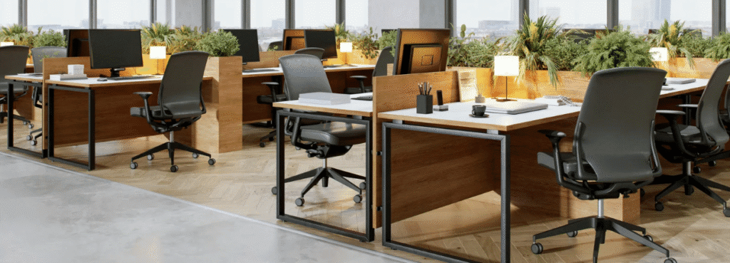 Office space with fit-out and "turnkey" solutions. Modern desks, ergonomic chairs and greenery.