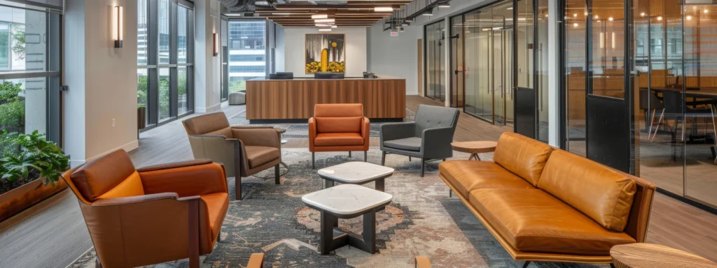 Modern office space featuring contract furniture: chairs, sofa, and tables in a commercial setting.
