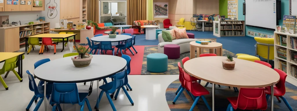 A child-friendly classroom with colourful tables and chairs for a lively learning environment.