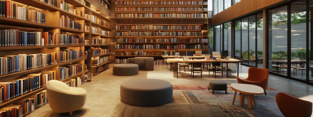 School library interior with modular furniture. Bookshelves and study areas.