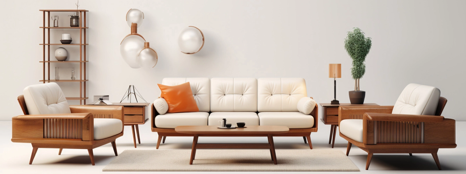 Προσαρμοζόμενα έπιπλα: σαλόνι σε στιλ mid-century modern με καναπέ, καρέκλες και ξύλινες λεπτομέρειες για παραγωγικότητα και συνεργασία.