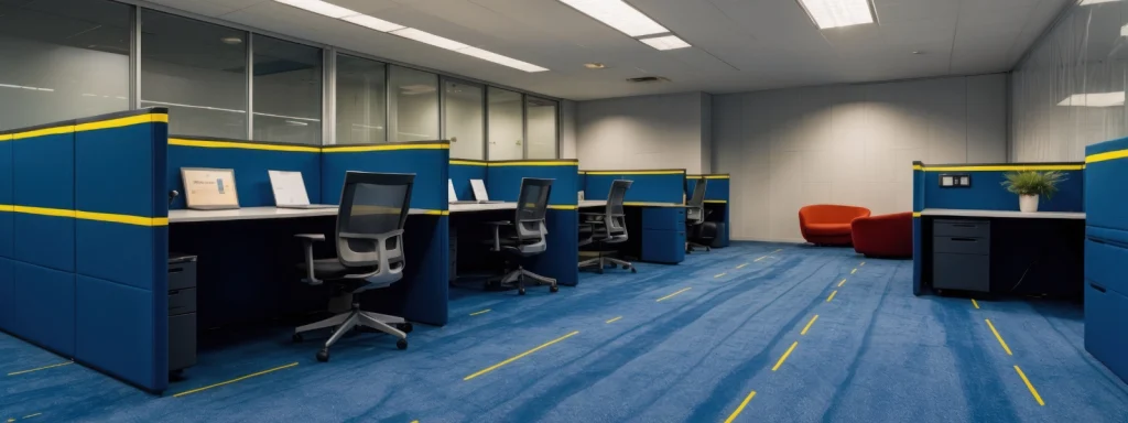 Modern workstations designed for productivity and collaboration. Open-plan workspace with blue partitions.