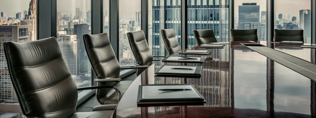 Conference room with ergonomic office chairs, designed for comfort during long hours, overlooking a city skyline.