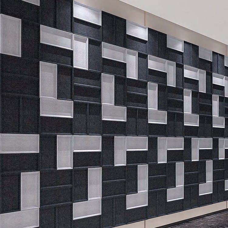 Ακουστικά πλακίδια τοίχου Brick Mosaic σε σκούρο ανθρακί και ανοιχτό γκρι, που δημιουργούν γεωμετρικό τρισδιάστατο εφέ τοιχοποιίας.