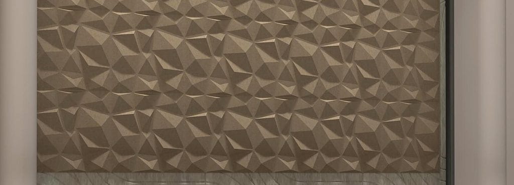 Ακουστικό πάνελ Ripple Scape με γεωμετρική τρισδιάστατη πολυεδρική επιφάνεια από τσόχα σε ζεστό καφέ.