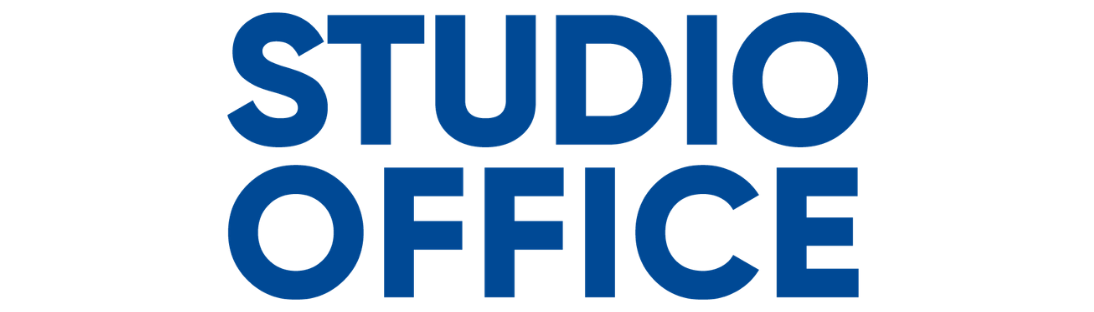 Blue STUDIO OFFICE wordmark logo on a white background, featuring bold uppercase typography for brand identification