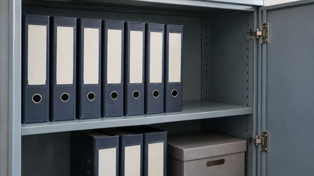 Blue binders on the shelves of a metal cabinet with free space and an open door.